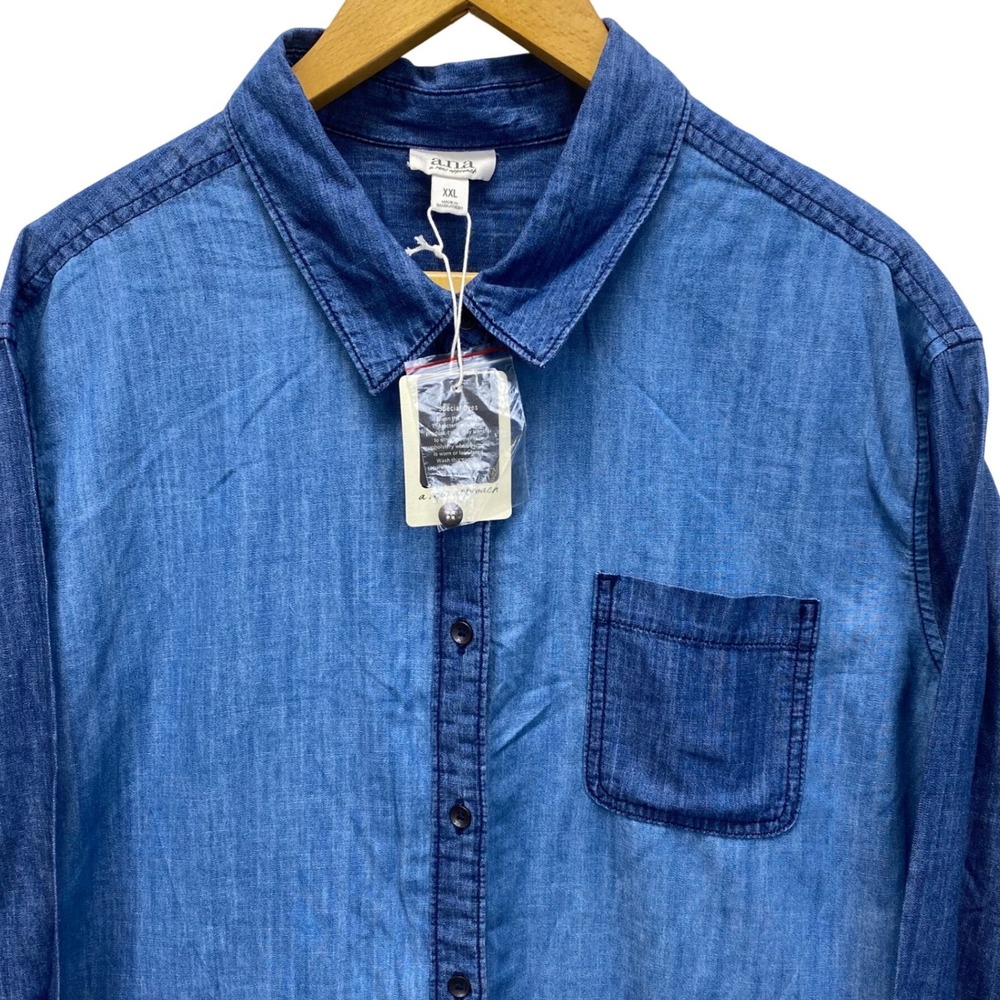 ANA A New‎ Approach Womens XXL Blue Patchwork Chambray Denim Button Down  NEW